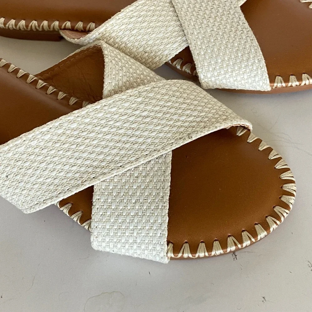 Nicole Miller New York Colie Cream Woven Crisscross Whipstitch Slide Sandals 7